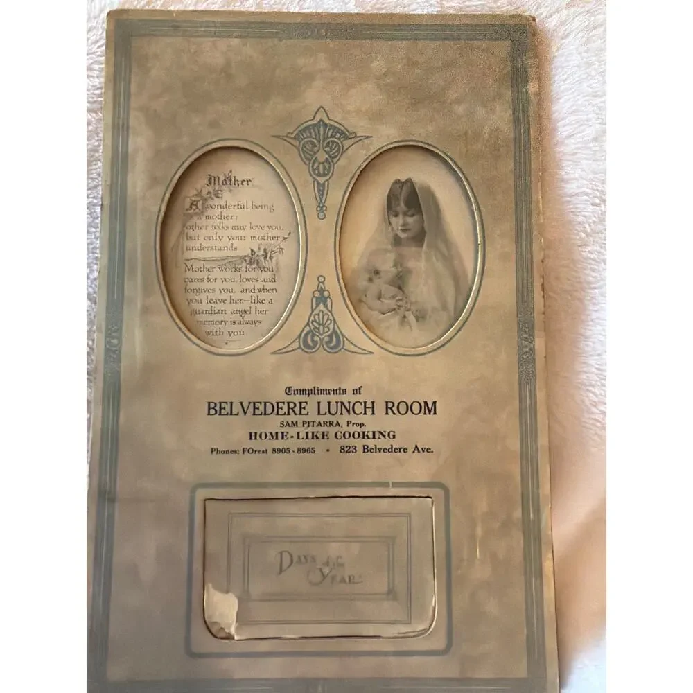 Vintage Belvedere Lunch Room Advertising Calendar Mother Print 823 Belvedere Ave